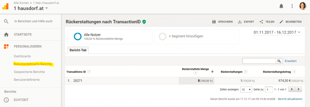 Custom Report Rückerstattungen