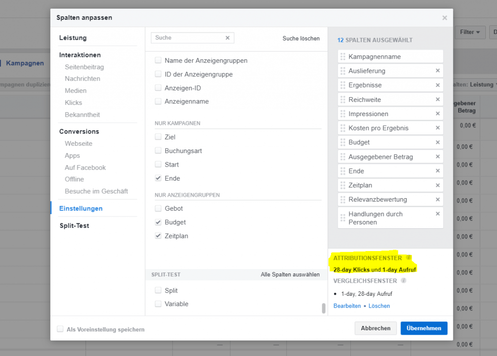Facebook Attributionsfenster in Analyse anpassen
