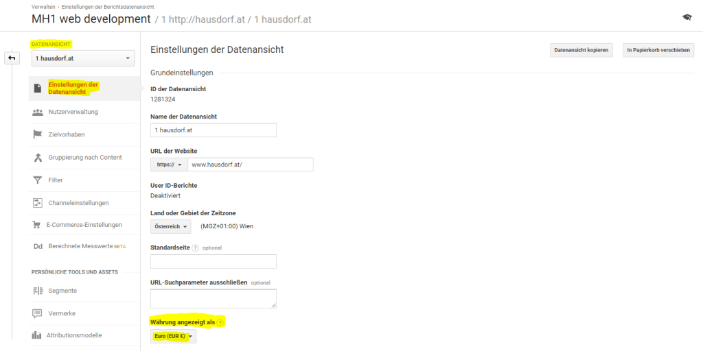 Google Analytics Datenansichts Einstellungen