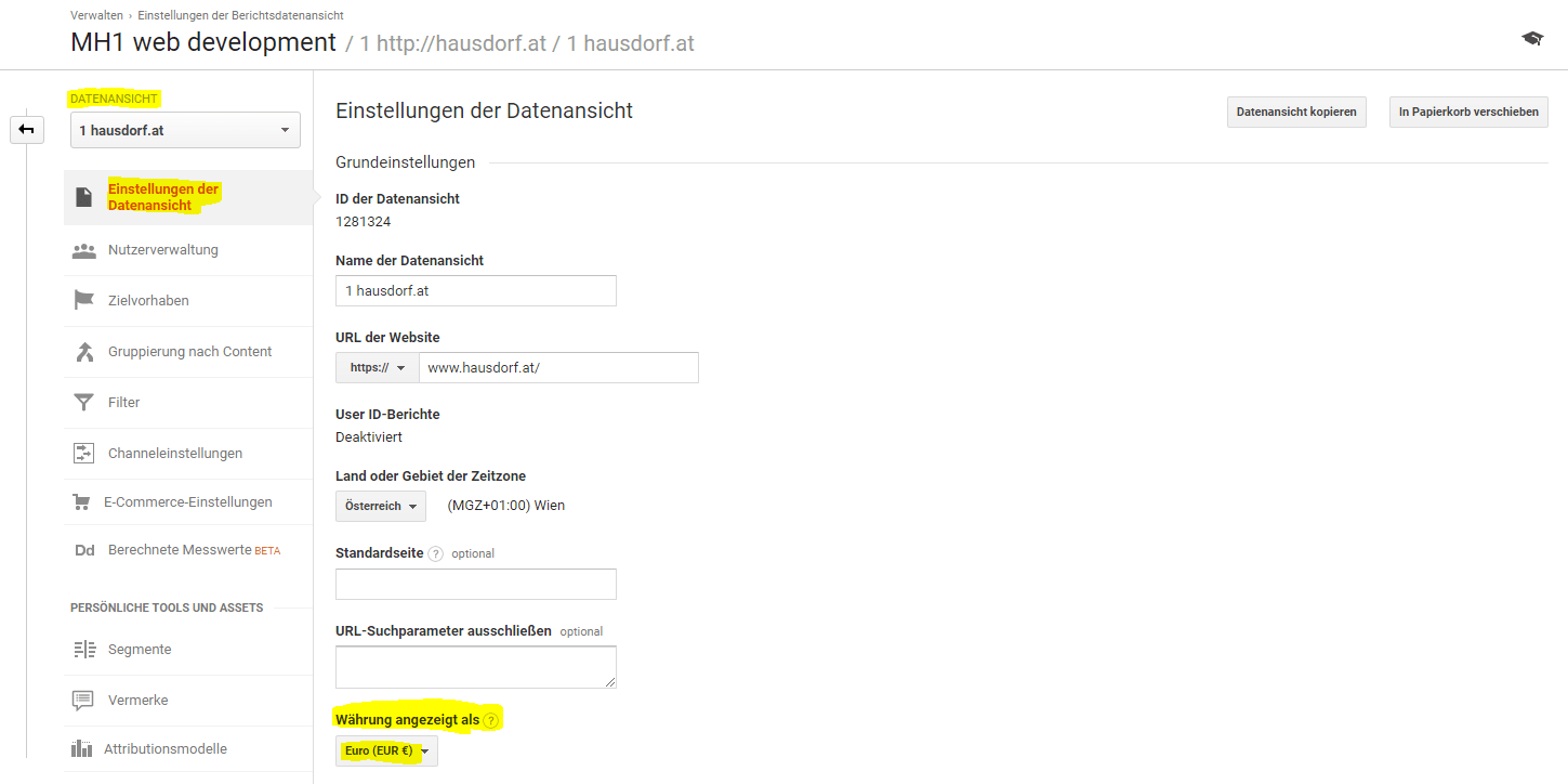 Google Analytics Datenansichts Einstellungen