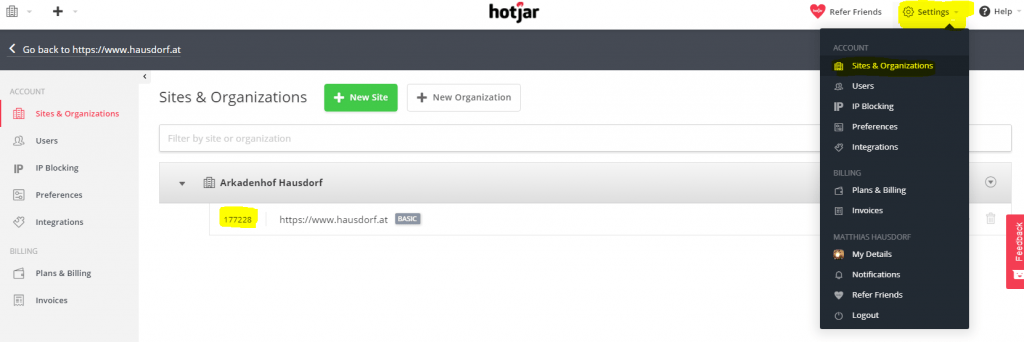 Hotjar Einstellungen Site ID